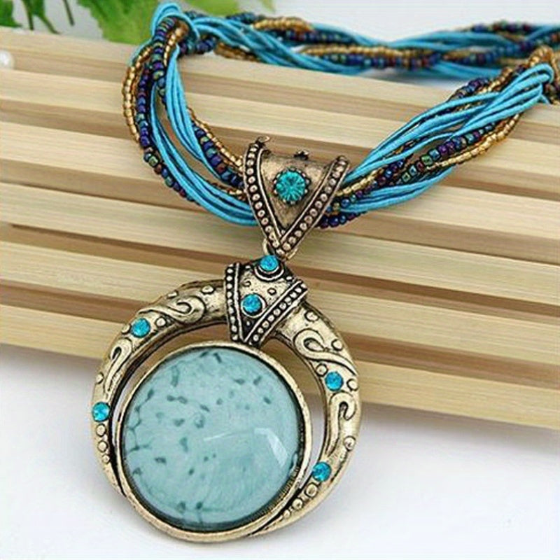 Jora™ Collar Bohemio con Colgante de Piedra Verde Marmoleada