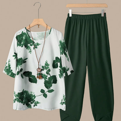 Fynley™ Conjunto Estampado de Dos Piezas con Blusa y Pantalón Cómodo