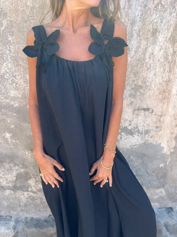 Carune™ Vestido de mujer en color sólido con patrón floral y escote en forma de U