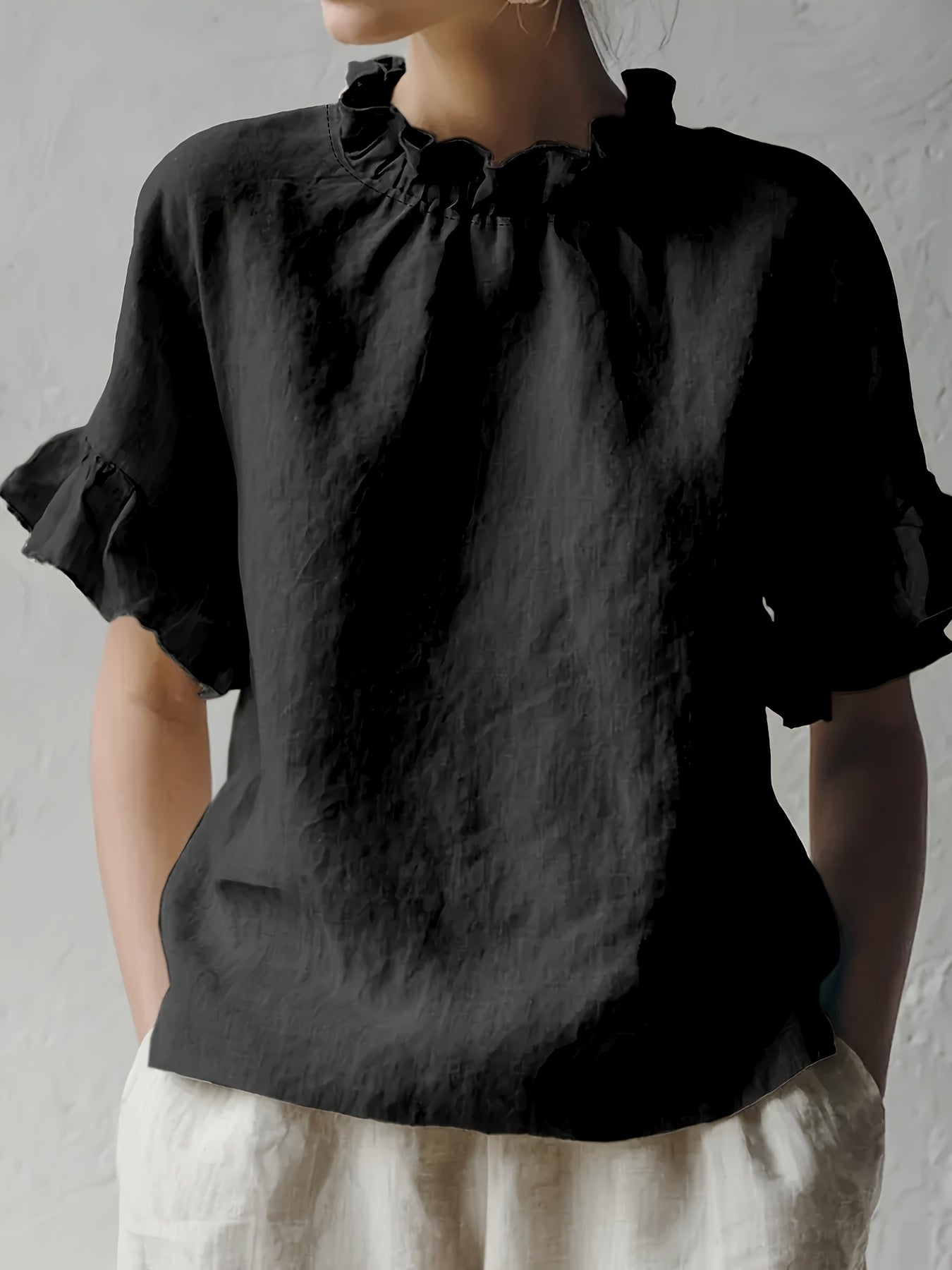 Yuna™ Blusa Casual de Color Sólido con Cuello Elegante