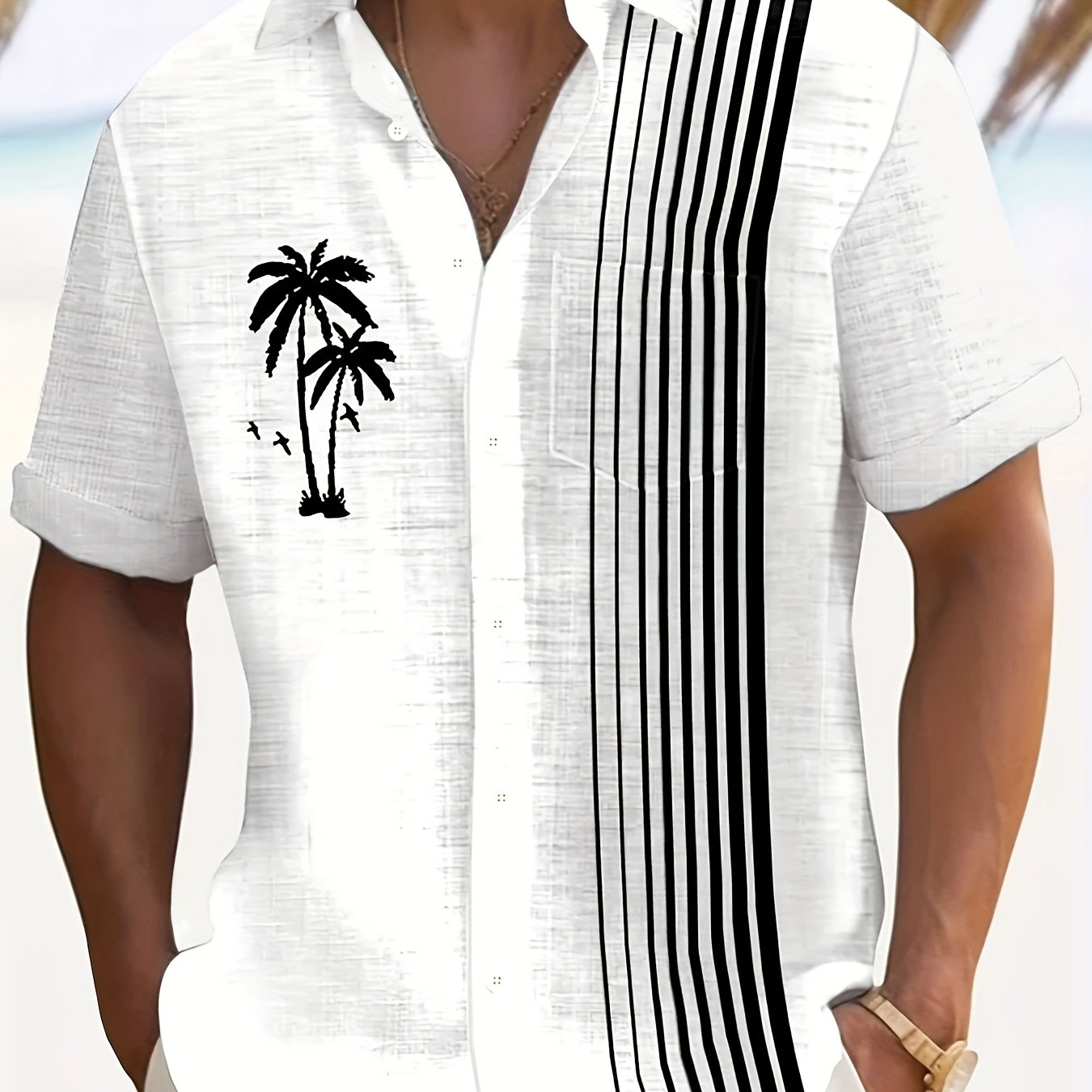 Javroni™ Camisa Tropical para Hombre con Estampado de Palmeras y Rayas