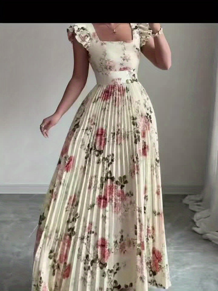 Oxeris | Vestido Largo Floral con Pliegues y Elegancia Atemporal