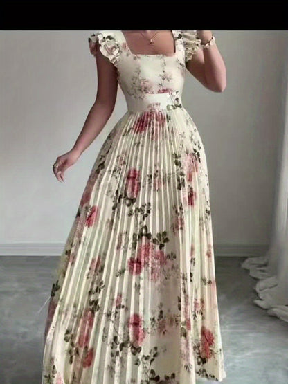 Oxeris | Vestido Largo Floral con Pliegues y Elegancia Atemporal