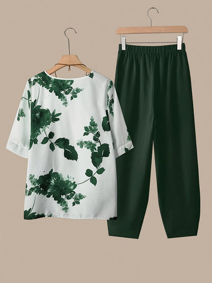 Fynley™ Conjunto Estampado de Dos Piezas con Blusa y Pantalón Cómodo