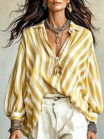 Rosetta | Camisa de Manga Larga de Estilo Retro a Rayas para Mujeres, Estilo Vacacional Suelto, Top de Playa Casual