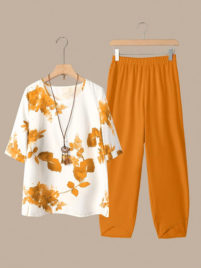 Fynley™ Conjunto Estampado de Dos Piezas con Blusa y Pantalón Cómodo