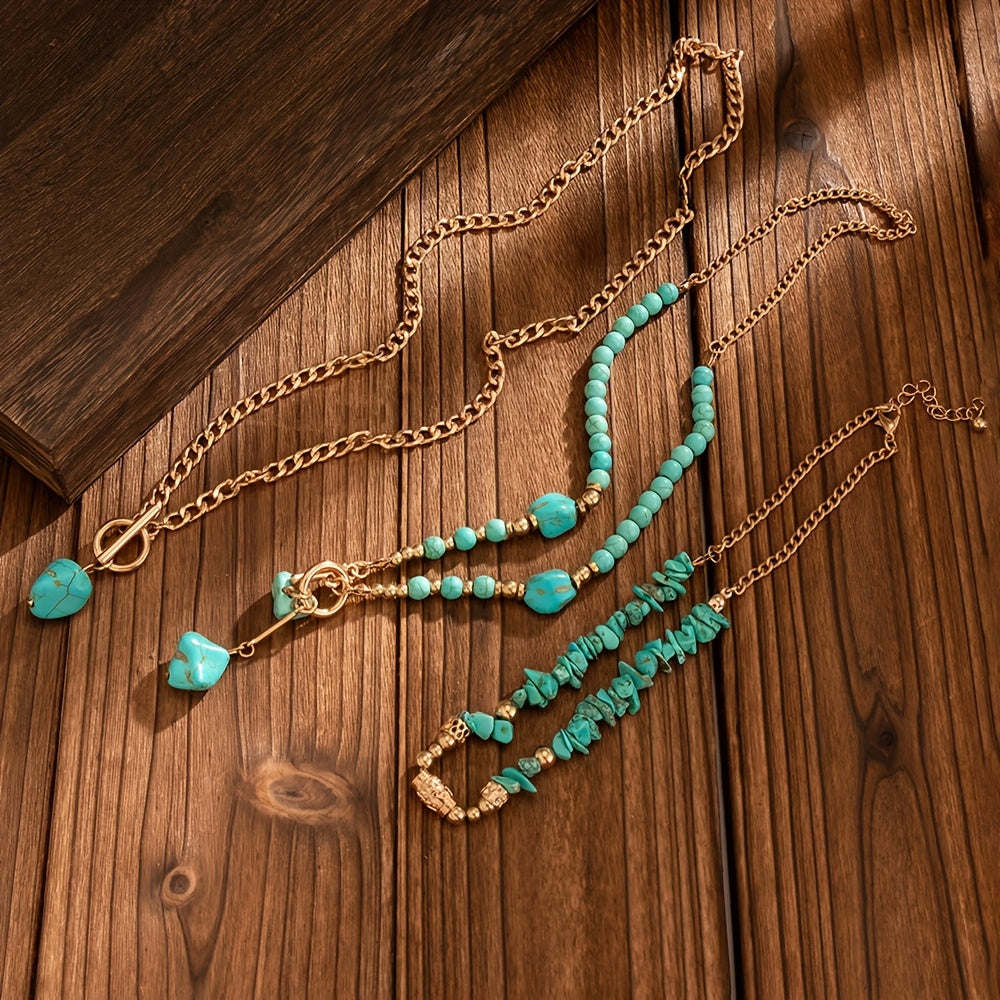 Evelise | Un conjunto de tres collares apilados de cuentas turquesas bohemias para mujeres