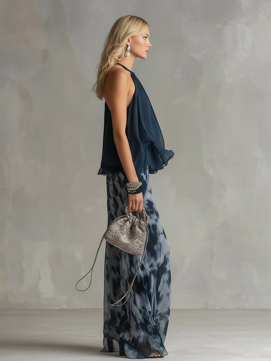 Isolde™ elegante en chiffon con top de cuello alto y pantalones anchos estampados