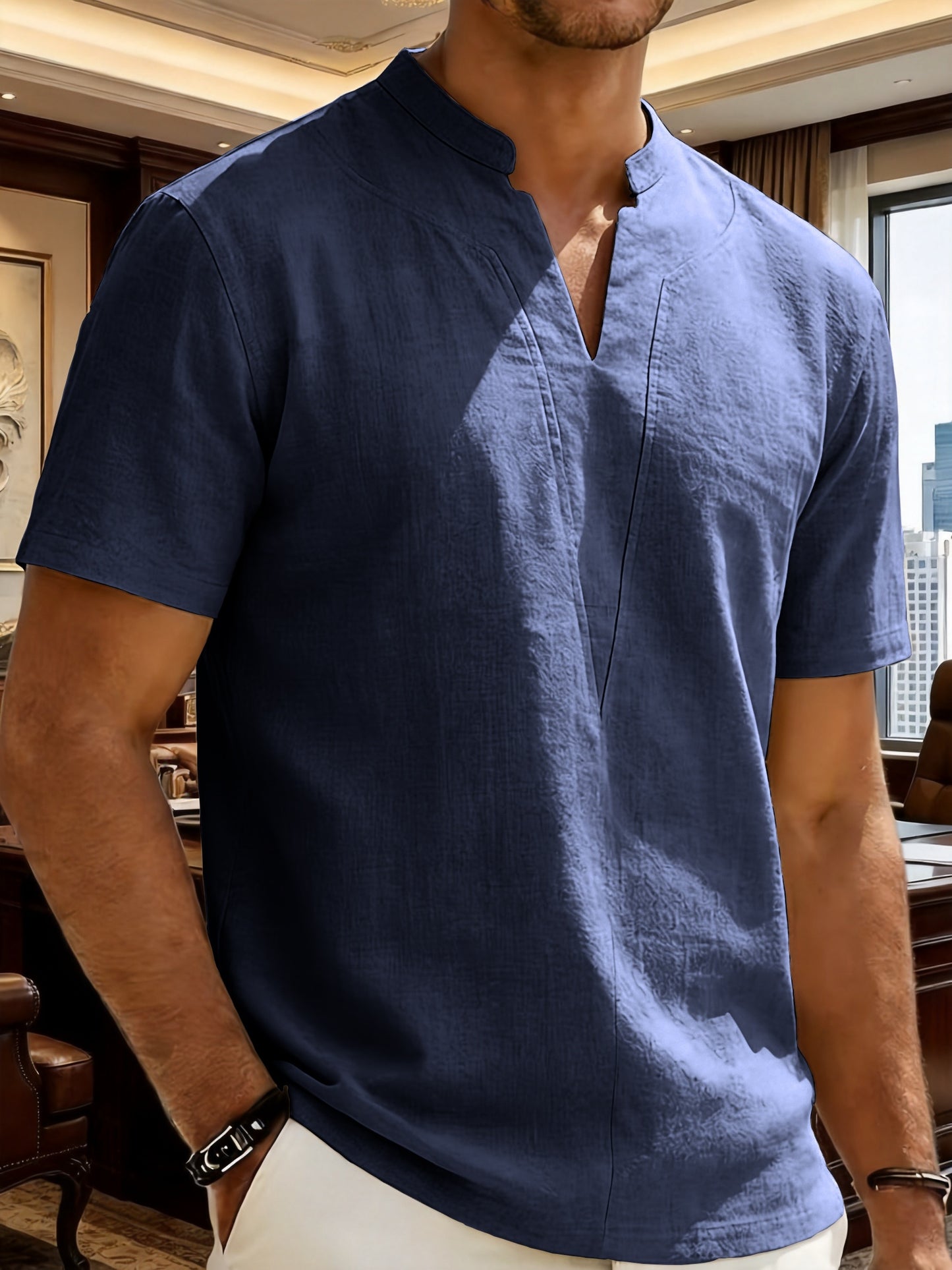 Grexric™ Camisa de Lino para Hombre con Cuello Mao y Corte Relajado