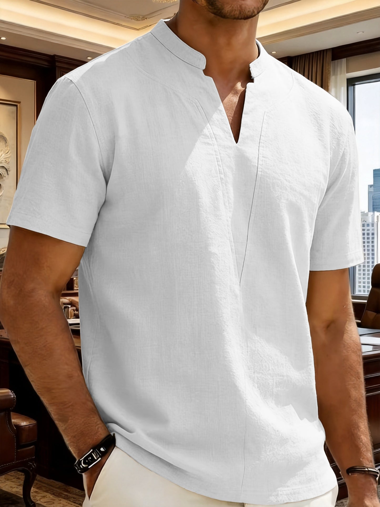 Grexric™ Camisa de Lino para Hombre con Cuello Mao y Corte Relajado