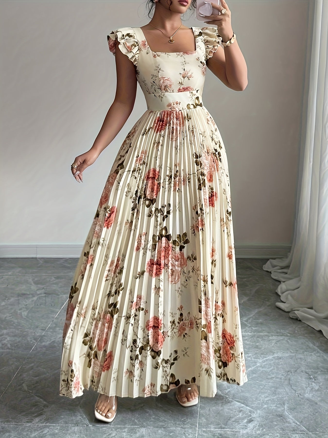 Oxeris | Vestido Largo Floral con Pliegues y Elegancia Atemporal