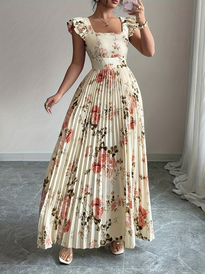 Oxeris | Vestido Largo Floral con Pliegues y Elegancia Atemporal