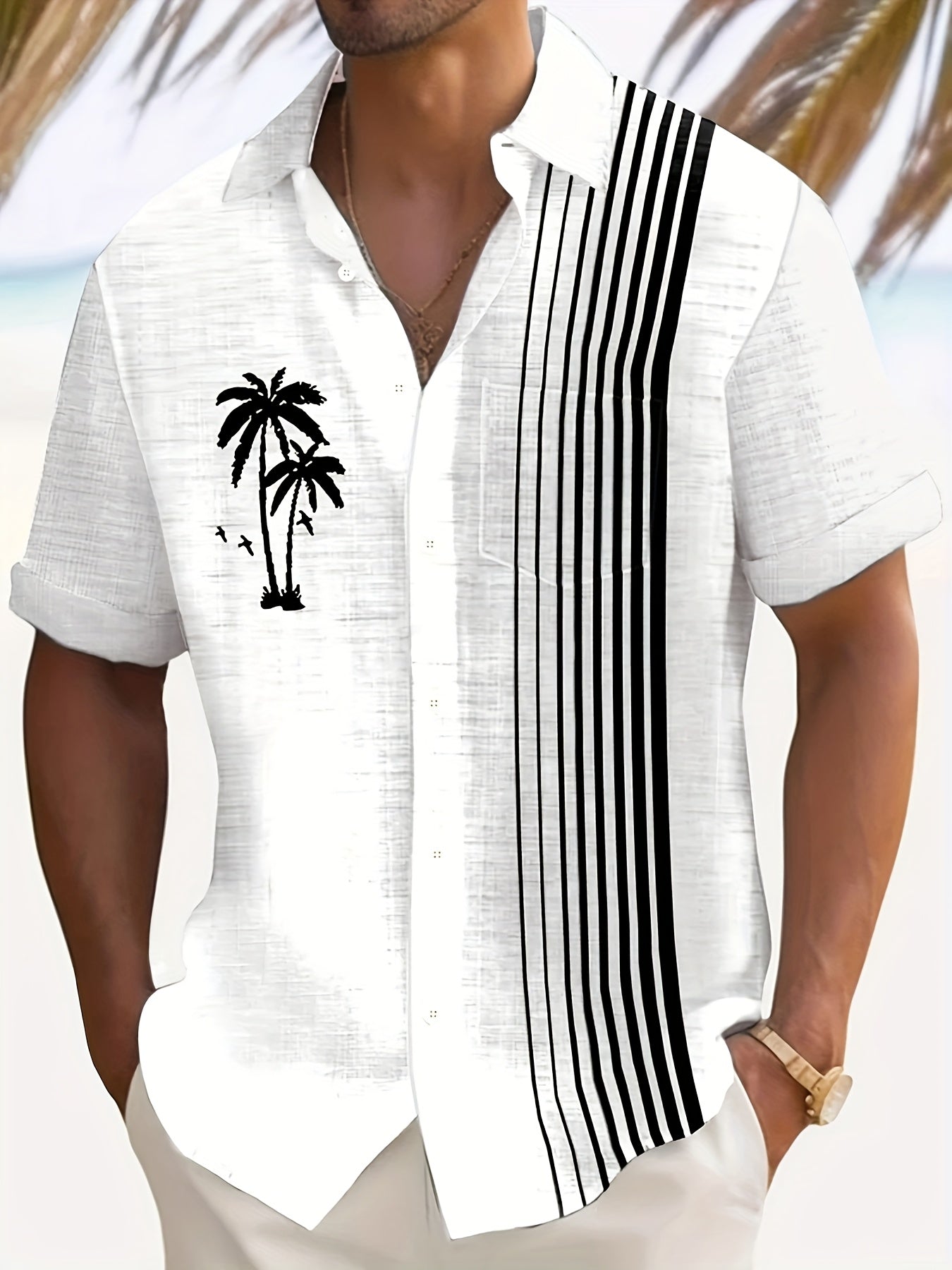 Javroni™ Camisa Tropical para Hombre con Estampado de Palmeras y Rayas