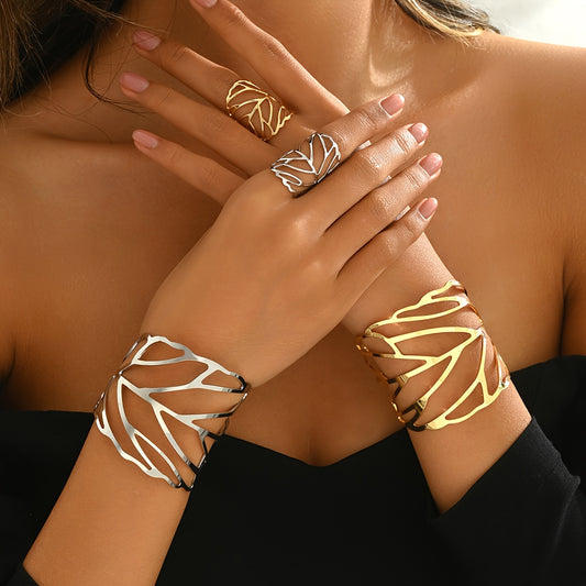 Lavinia | Vintage-Style Openwork Leaf Bracelet and Ring Set
