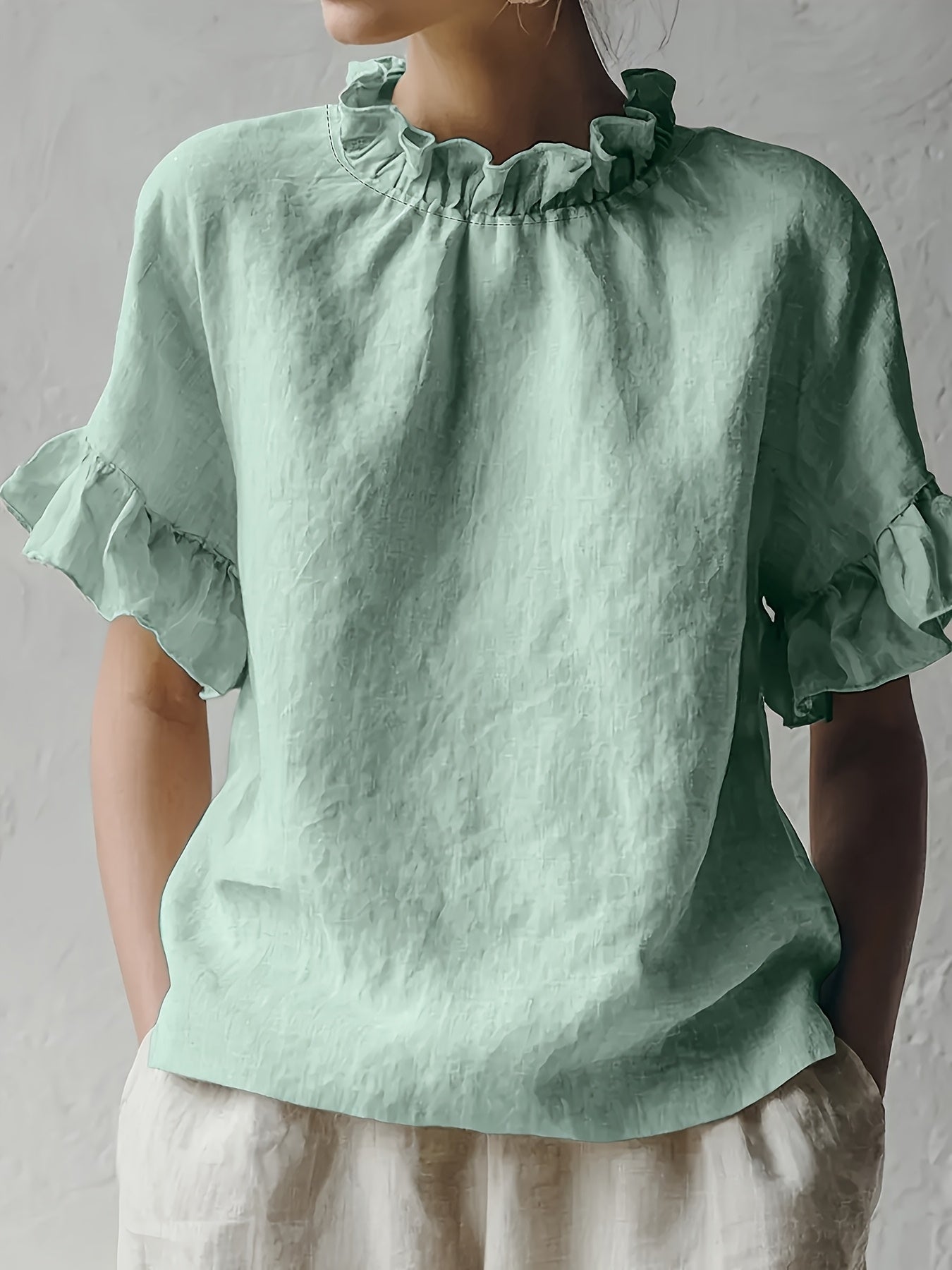 Yuna™ Blusa Casual de Color Sólido con Cuello Elegante