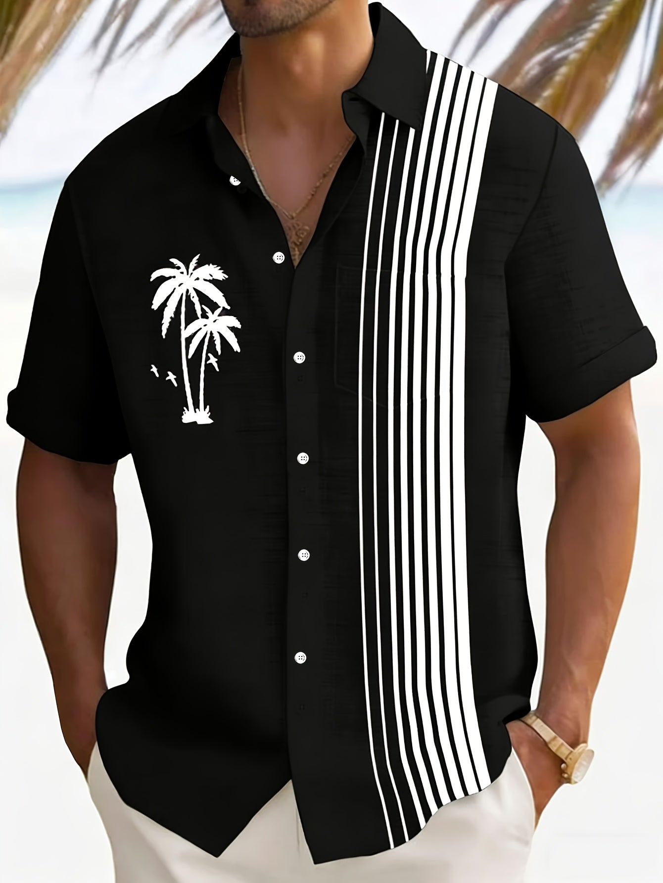 Javroni™ Camisa Tropical para Hombre con Estampado de Palmeras y Rayas