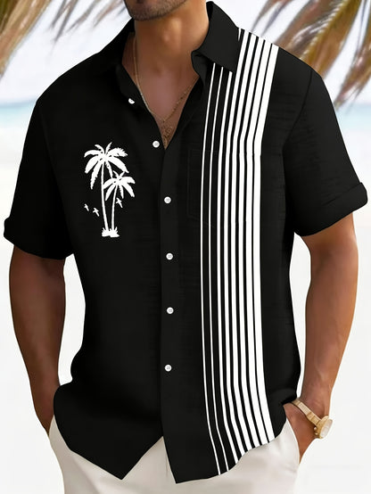 Javroni™ Camisa Tropical para Hombre con Estampado de Palmeras y Rayas