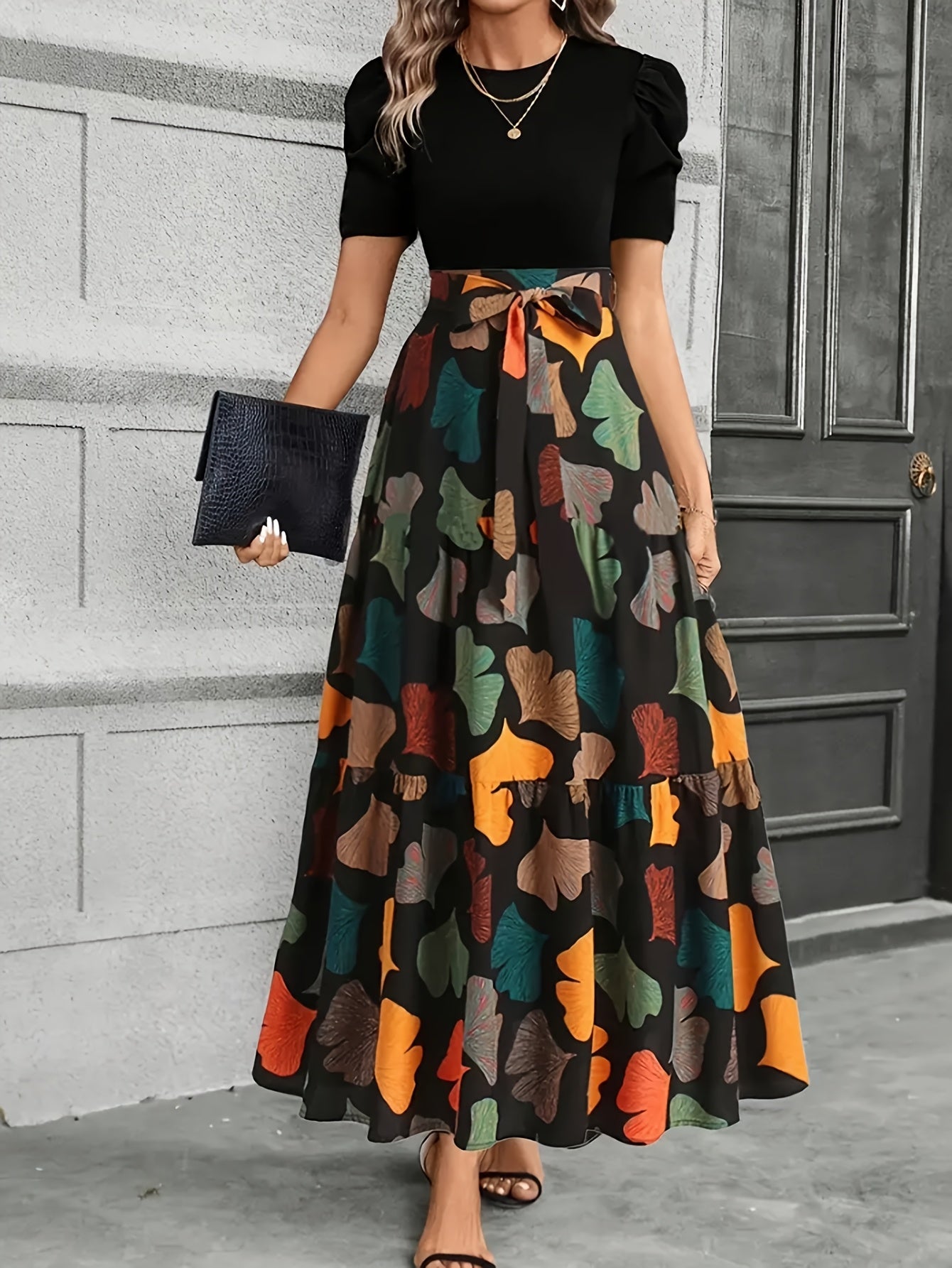 Vanya™ Vestido Midi Elegante con Estampado Geométrico y Mangas Abullonadas