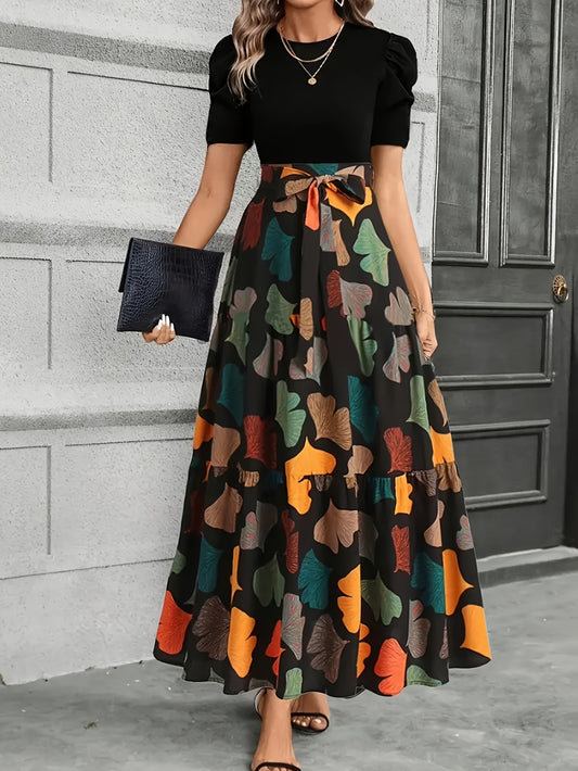 Vanya | Vestido Midi Elegante con Estampado Geométrico y Mangas Abullonadas