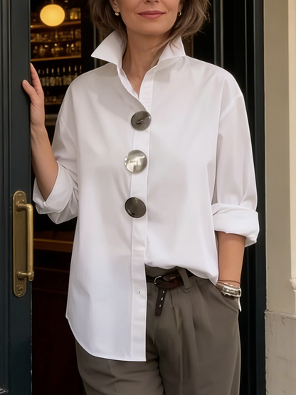 Davinae™ Blusa elegante de algodón y lino con cuello y botones metálicos