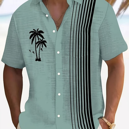Javroni™ Camisa Tropical para Hombre con Estampado de Palmeras y Rayas