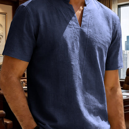 Grexric™ Camisa de Lino para Hombre con Cuello Mao y Corte Relajado