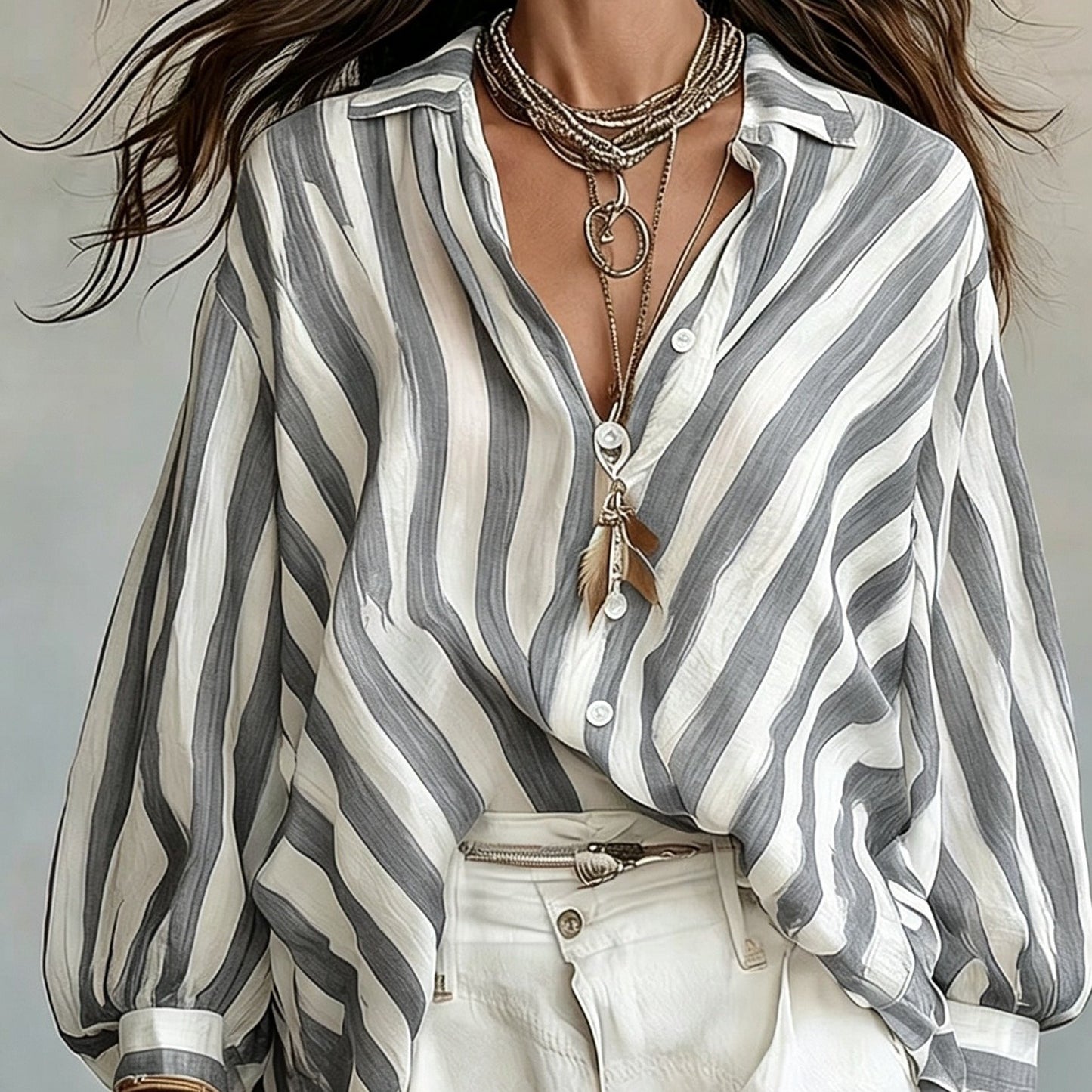 Rosetta | Camisa de Manga Larga de Estilo Retro a Rayas para Mujeres, Estilo Vacacional Suelto, Top de Playa Casual