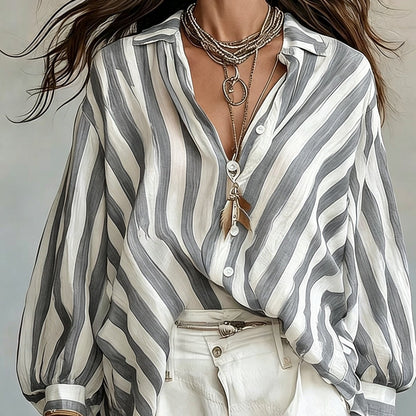 Rosetta | Camisa de Manga Larga de Estilo Retro a Rayas para Mujeres, Estilo Vacacional Suelto, Top de Playa Casual