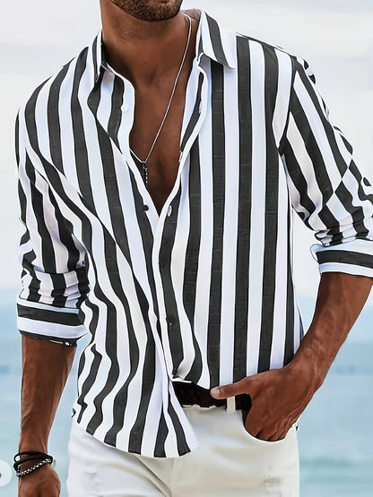 Kervik™ Camisa Tropical para Hombre de Manga Larga con Rayas y Cuello Clásico