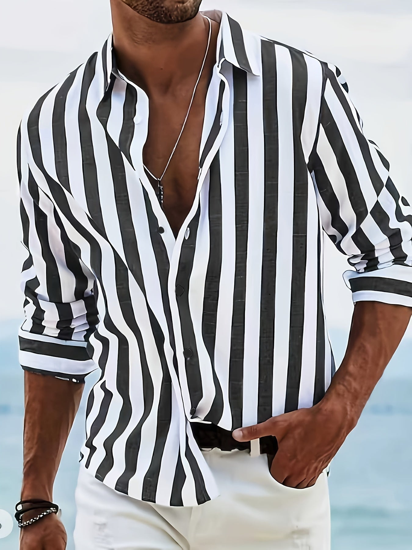 Kervik™ Camisa Tropical para Hombre de Manga Larga con Rayas y Cuello Clásico