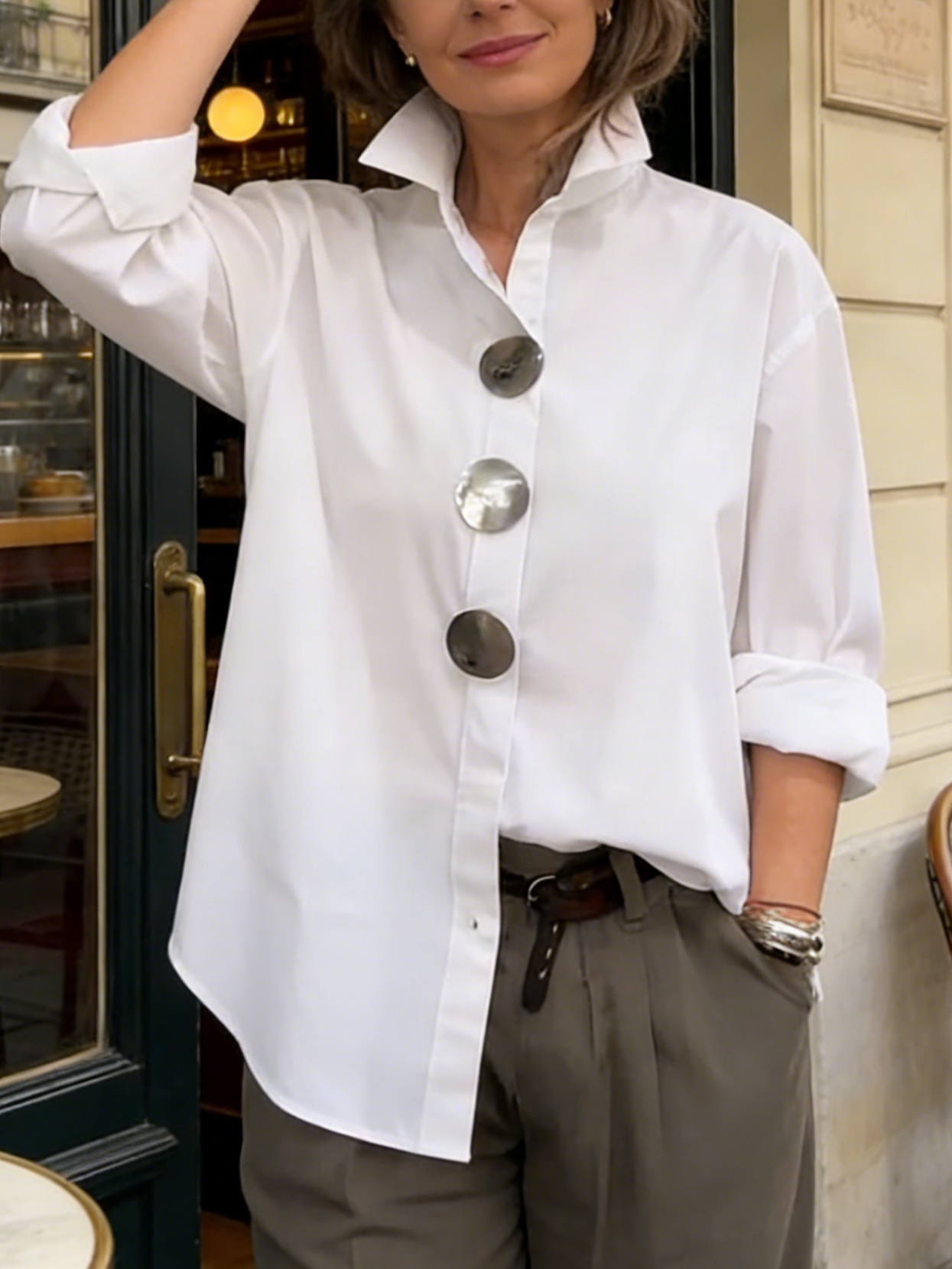 Davinae™ Blusa elegante de algodón y lino con cuello y botones metálicos