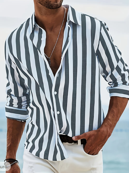 Kervik | Camisa Tropical para Hombre de Manga Larga con Rayas y Cuello Clásico