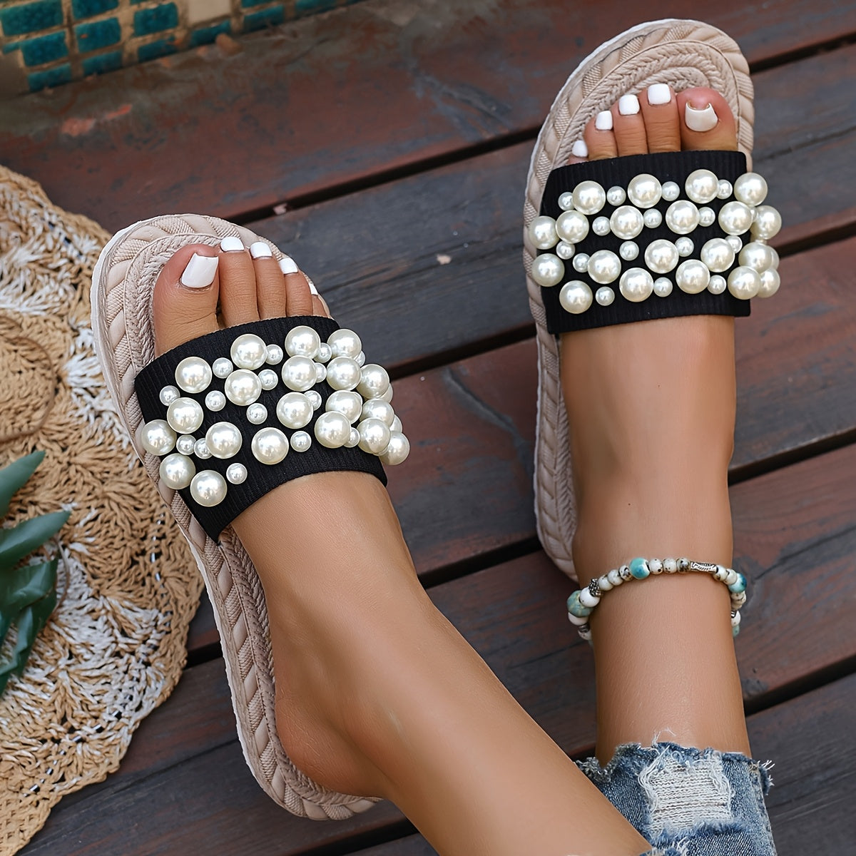 Fruxith™ Sandalias Planas con Perlas Decorativas y Máxima Comodidad
