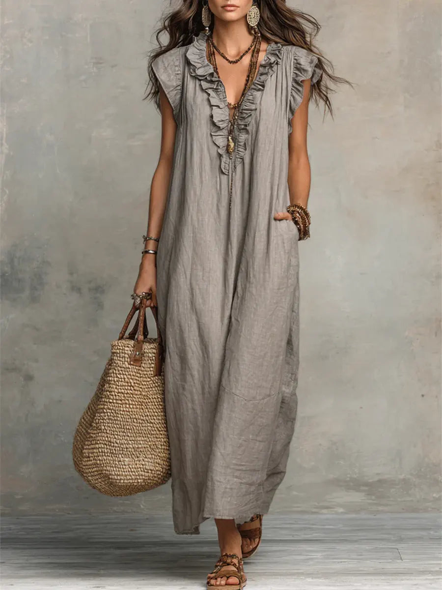 Hadira™ Vestido Casual de Algodón y Lino con Volantes y Estilo Artístico