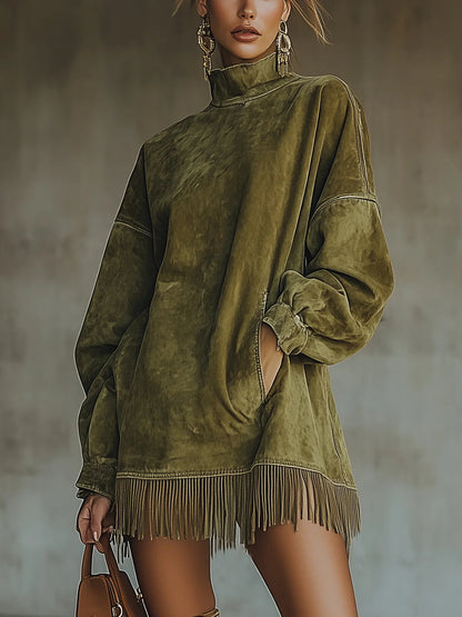 Rosenthea™ Vestido elegante de gamuza sintética con cuello alto y flecos
