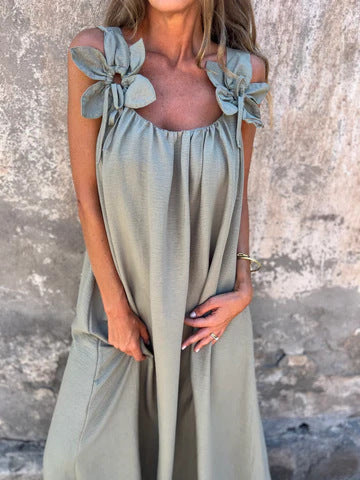 Carune™ Vestido de mujer en color sólido con patrón floral y escote en forma de U