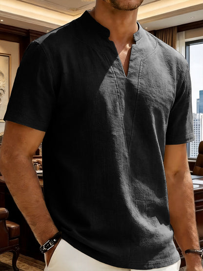 Grexric™ Camisa de Lino para Hombre con Cuello Mao y Corte Relajado