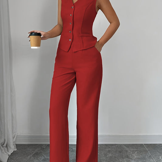 Malia | Elegant V-neck Vest and Straight-Leg Trousers Set