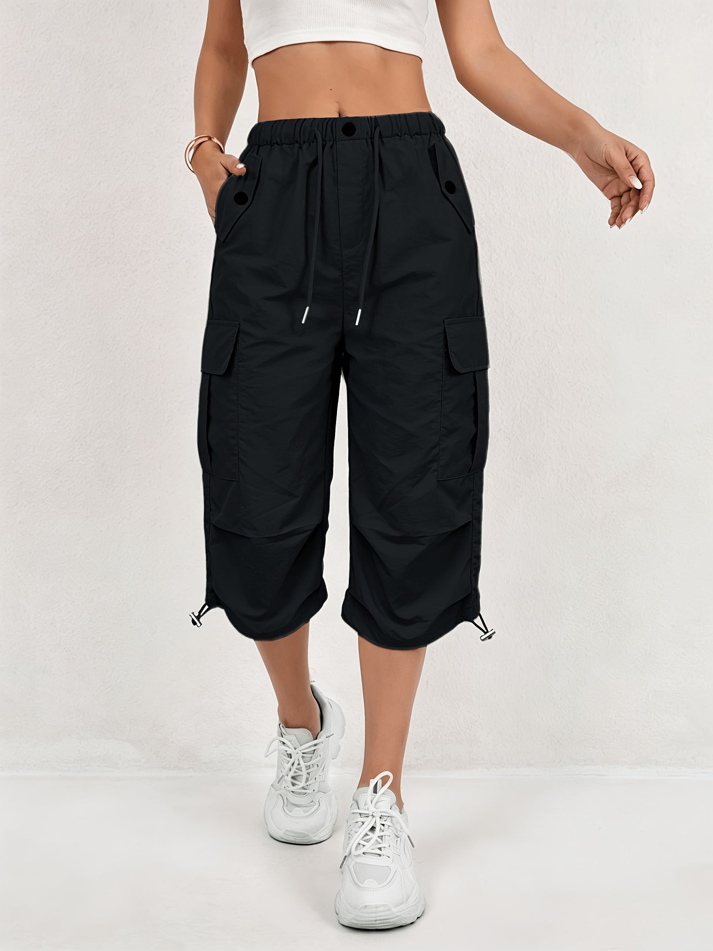 Mireille | Pantalones Capri Cargo de Secado Rápido para Mujer con Cintura Elástica y Cordón - Ligero y Elástico, Adecuado para - Pantalones de Exterior, Multi-Pantalones, Lavables a Máquina, Ajuste Suelto de Largo Medio para, Viajes, Vestimenta Casual