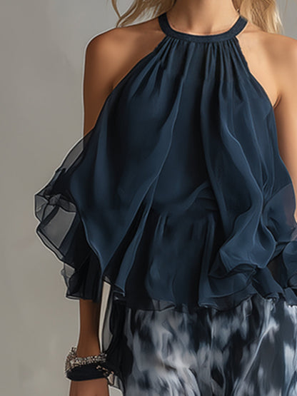 Isolde™ elegante en chiffon con top de cuello alto y pantalones anchos estampados