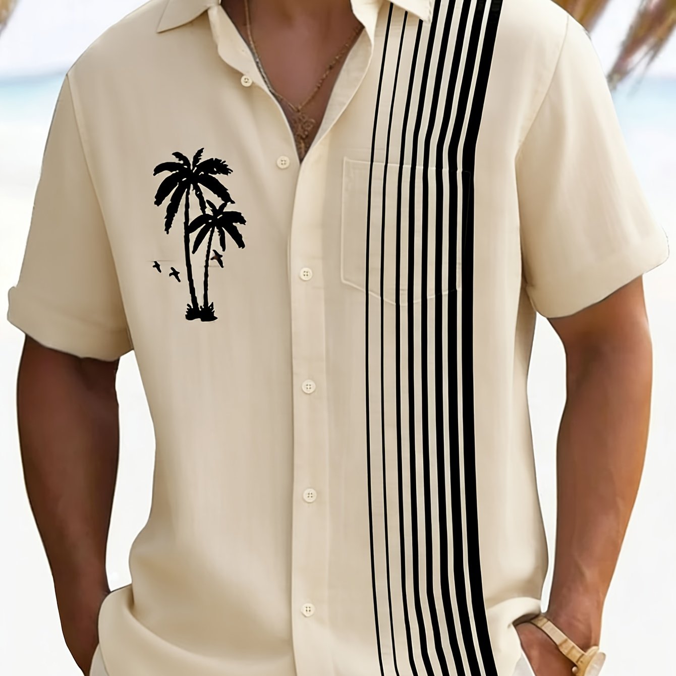 Javroni™ Camisa Tropical para Hombre con Estampado de Palmeras y Rayas
