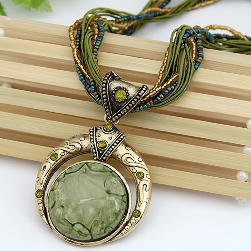 Jora™ Collar Bohemio con Colgante de Piedra Verde Marmoleada