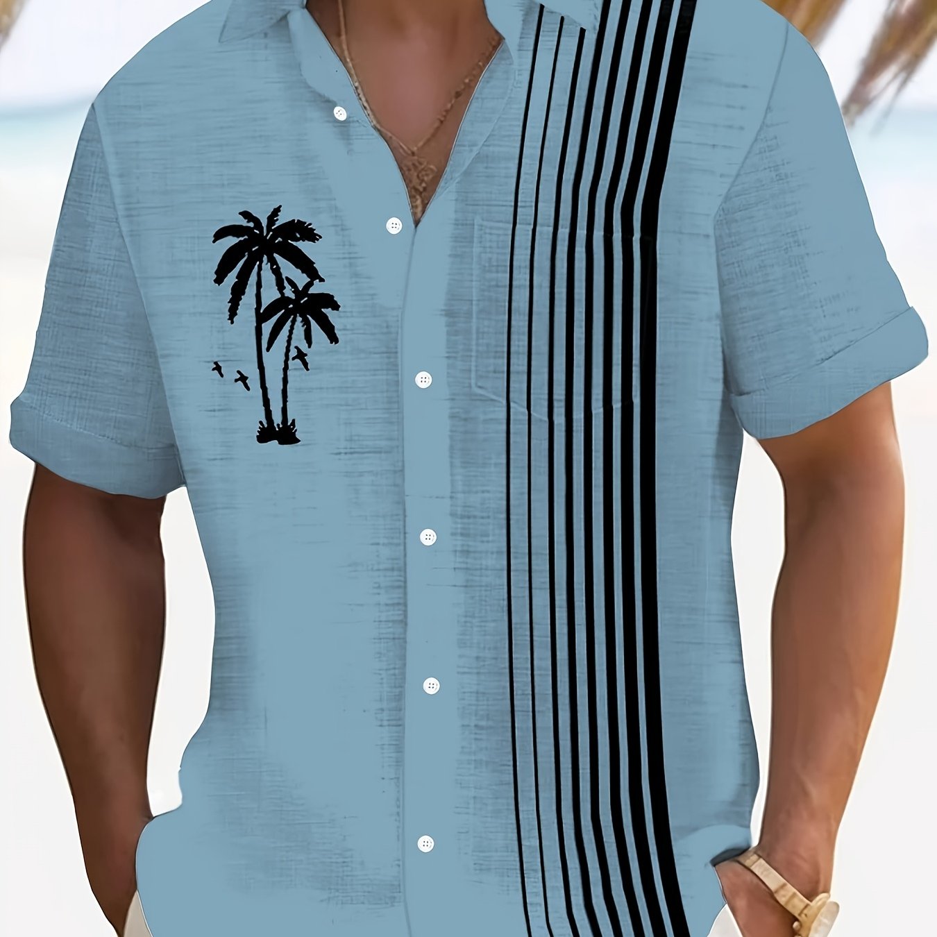 Javroni™ Camisa Tropical para Hombre con Estampado de Palmeras y Rayas