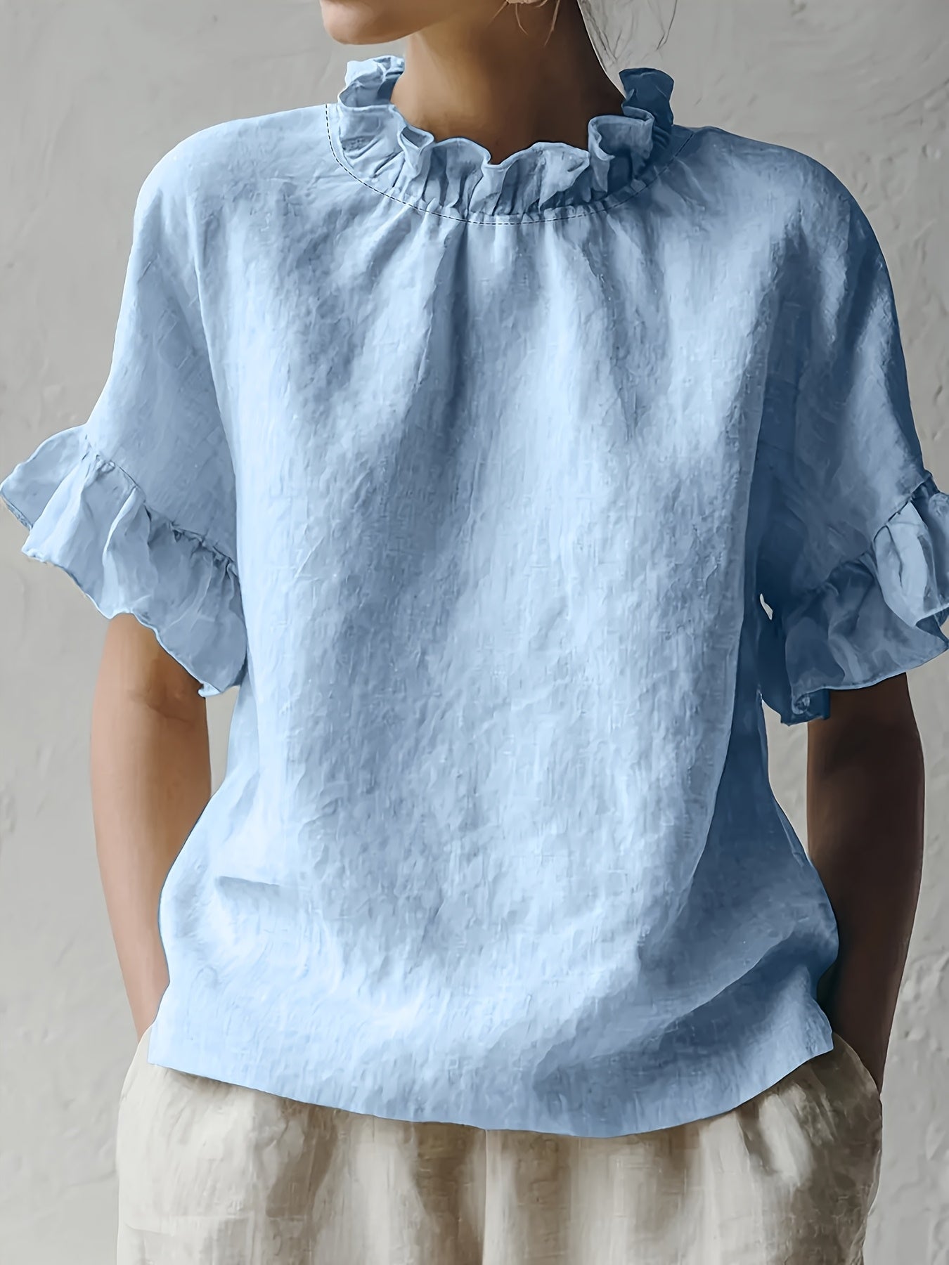 Yuna™ Blusa Casual de Color Sólido con Cuello Elegante