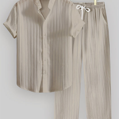 Kavaroq™ Conjunto de Verano para Hombre con Camisa de Cuello Mao y Pantalón con Cordón