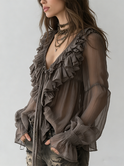 Hensira™ Camisa Gris Bohemia con Volantes