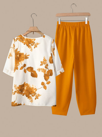 Fynley™ Conjunto Estampado de Dos Piezas con Blusa y Pantalón Cómodo