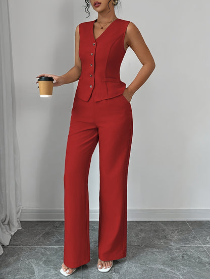 Malia™ Conjunto Elegante de Chaleco con Escote en V y Pantalón Recto
