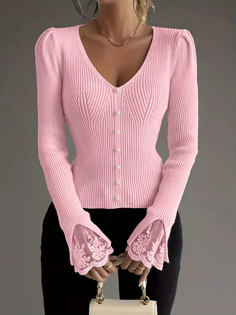 Eviorenne™ Blusa de Canalé con Escote en V y Mangas de Encaje