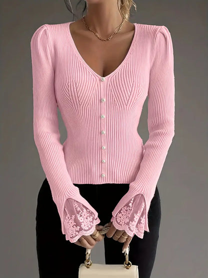 Eviorenne™ Blusa de Canalé con Escote en V y Mangas de Encaje